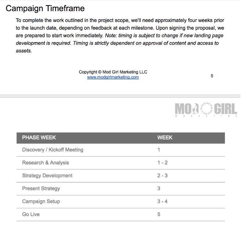 marketing proposal timeframe summary
