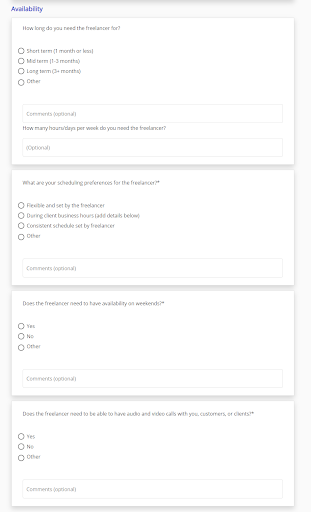 screenshot of the freelancer request form "Availability"